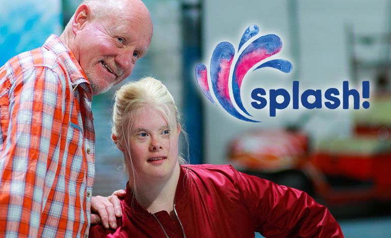 Splash, Diverse City, Extraordinary Bodies - Image shows Hannah Cherry, a young girl with Downs Syndrome and a man with a white beard and a checked shirt standing next to one another, smiling