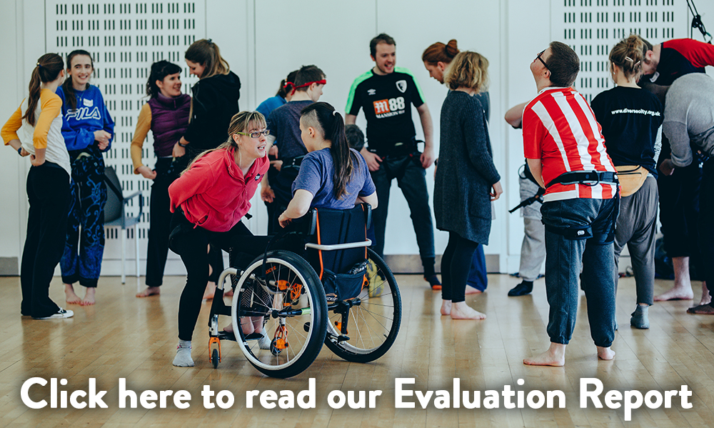 A diverse group of young performers interact in a rehearsal space. In the foreground, a young woman in a wheelchair speaks with another young woman who smiles at her. Copy at the bottom of the image reads: "Click here to read our Evaluation Report"