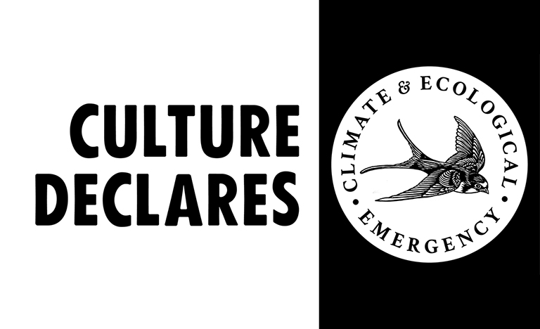 Black and white infographic that reads: "Culture Declares Climate Ecological Emergency" with a drawing of a bird.