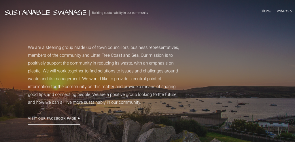 Screenshot of Sustainable Swanage website: Photo of a sunset by the sea in the background and logo and white copy presenting the company.