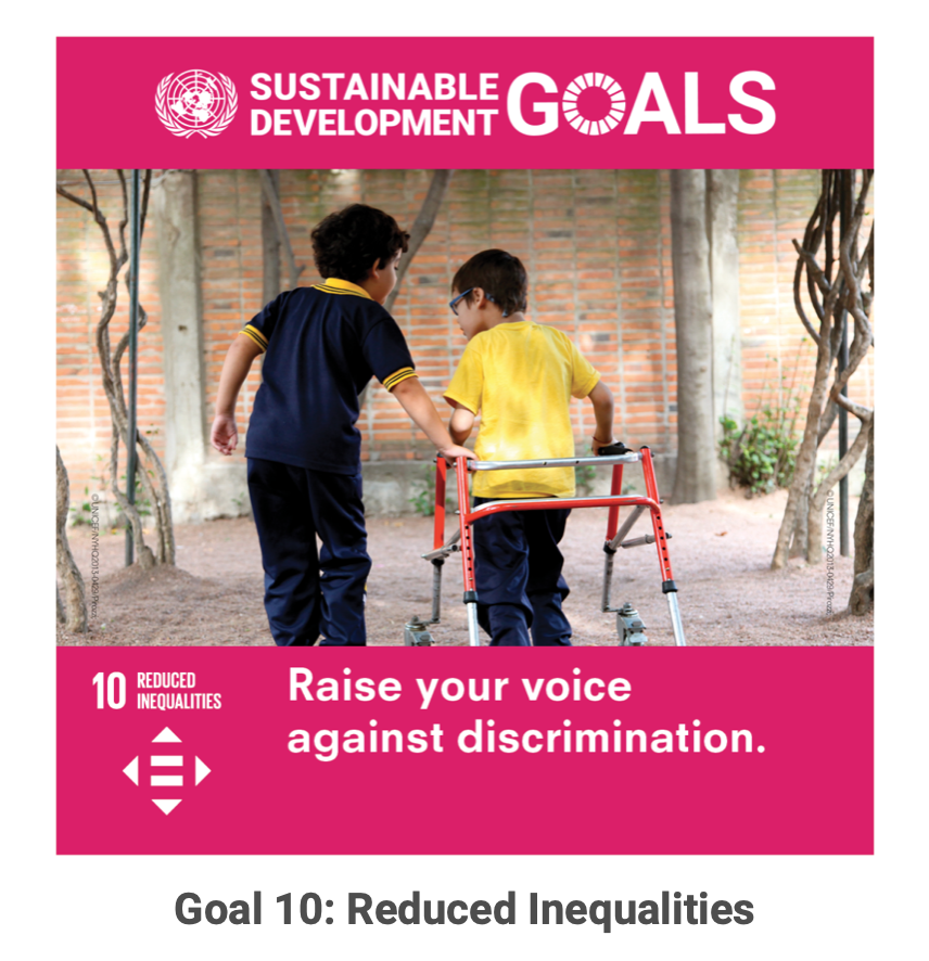 Screenshot of the United Nations' website showing a young disabled boy walk with the help of a non disable boy. Pink background and white copy reads: "Sustainable Development Goals : Raise you voice against discrimination".