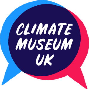 Climate Museum UK logo: Name written in white over two speech bubbles in red and blue.