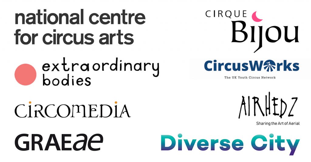 Logos for National Centre for Circus Arts, Extraordinary Bodies, Circomedia, Graeae, Cirque Bijou, Circus Works, Airhedz and Diverse City.