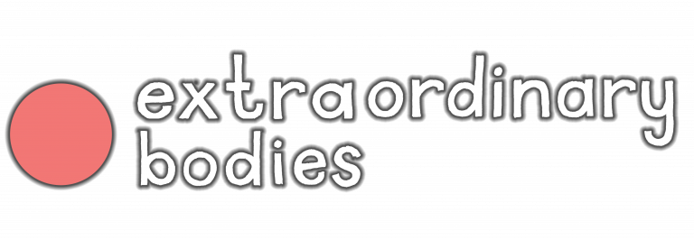 Extraordinary Bodies logo: handwritten in white, with a light red circle on the left.