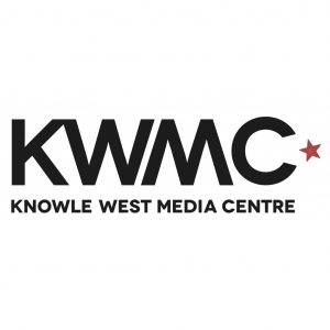 Knowle West Media Centre logo: White background and strong, straight, black letters: "KWMC" followed by a small red star. "Knowle West Media Centre" in smaller straight, black letters underneath.