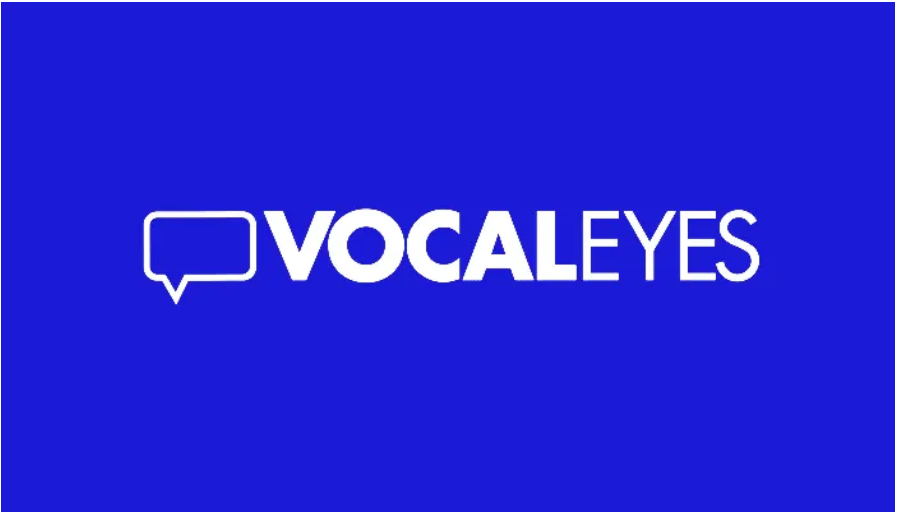 Vocal Eyes logo - a white speech bubble on a blue background