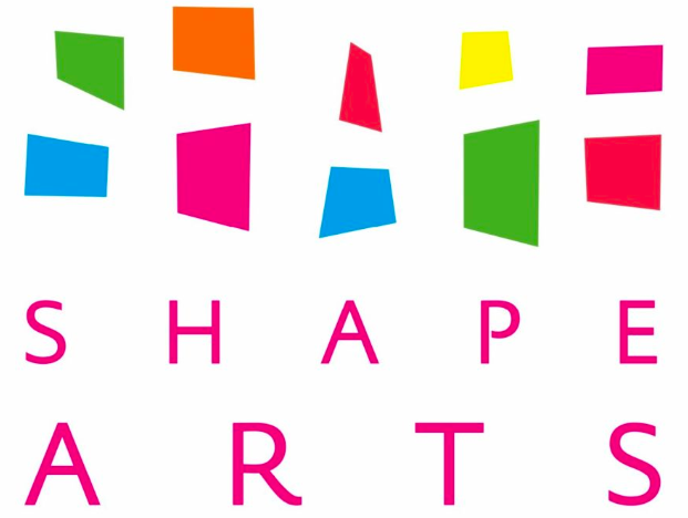 Shape Arts logo - brightly coloured shapes above pink text on a white background