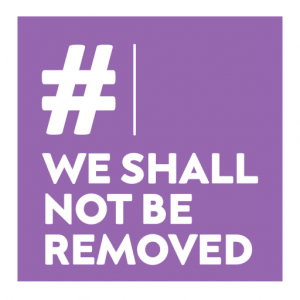 Freedom Day image. "#WeShallNotBeRemoved" written in bold strong white letter on a purple background.