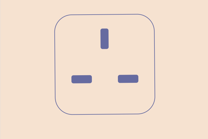 A British adaptor plug draw in pastel purple on a salmon-pink background.