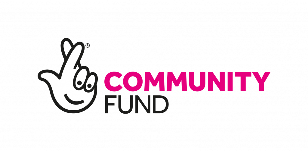 National Lottery Community Fund Logo: crossed fingers and the phrase 'community fund' in pink.