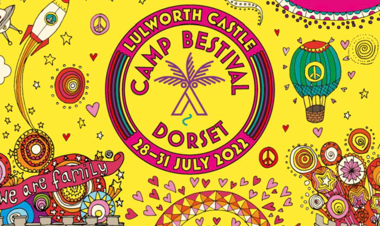 Camp Bestival logo: a yellow background packed with bright cartoon images - hot air balloon, rocket, flowers and hearts