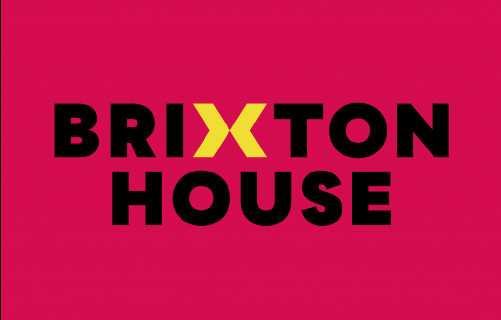 Cerise background with Brixton House written in black - the x is yellow.