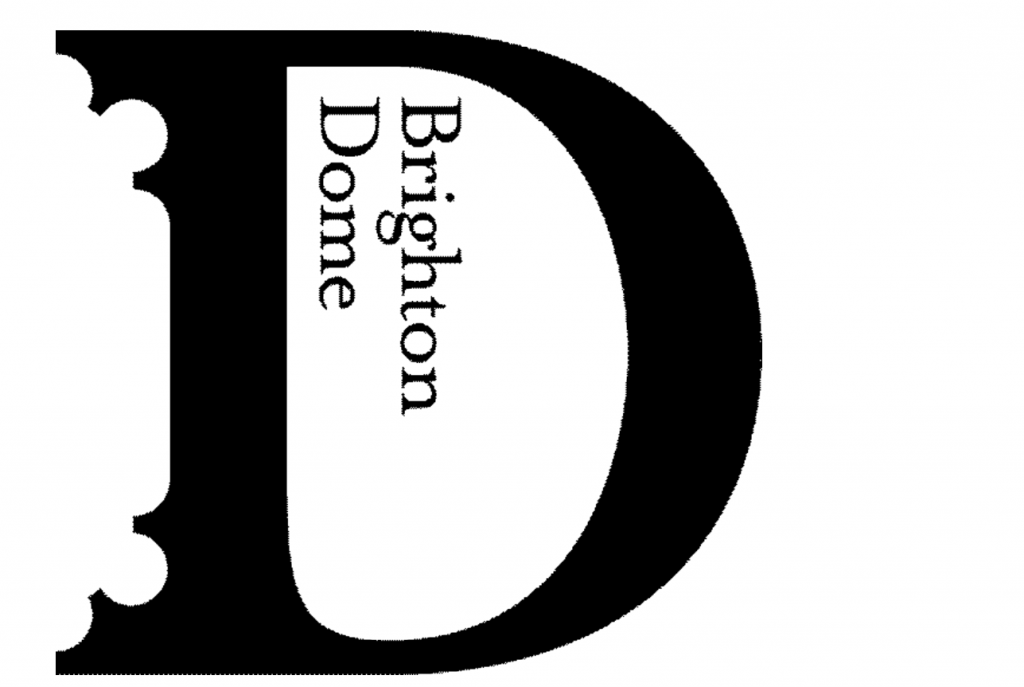 A large black D on a white background. Within, the words Brighton Dome