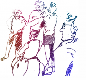 An illustration by Holly O'Neil of five people sketched in colourful pencil on a white background. One of them is in the foreground and just visible head and shoulders. The rest are grouped. One of them is in a wheelchair.