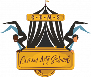 Logo for GEMS Circus Arts School: two acrobats, one black, one white perform on either side of a striped big top.