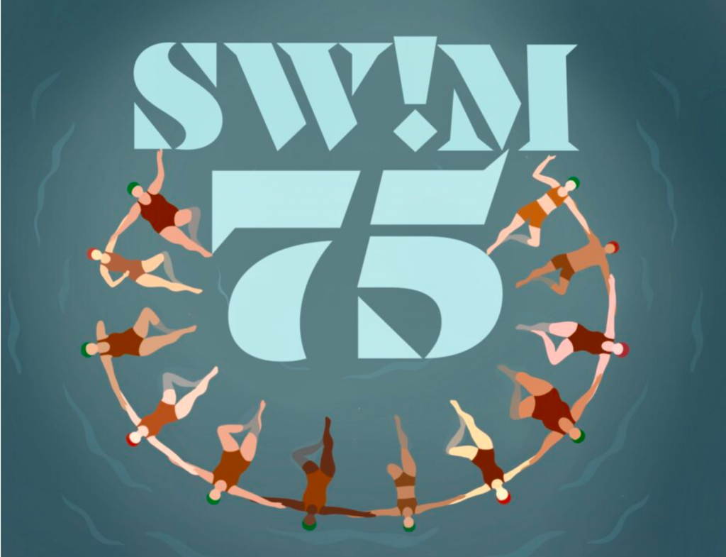 An illustration of circle of people, with many different skin tone, swimming in a grey-blue sea. They hold hands in a circle. SW!M75 is in large letters in the centre of their circle.