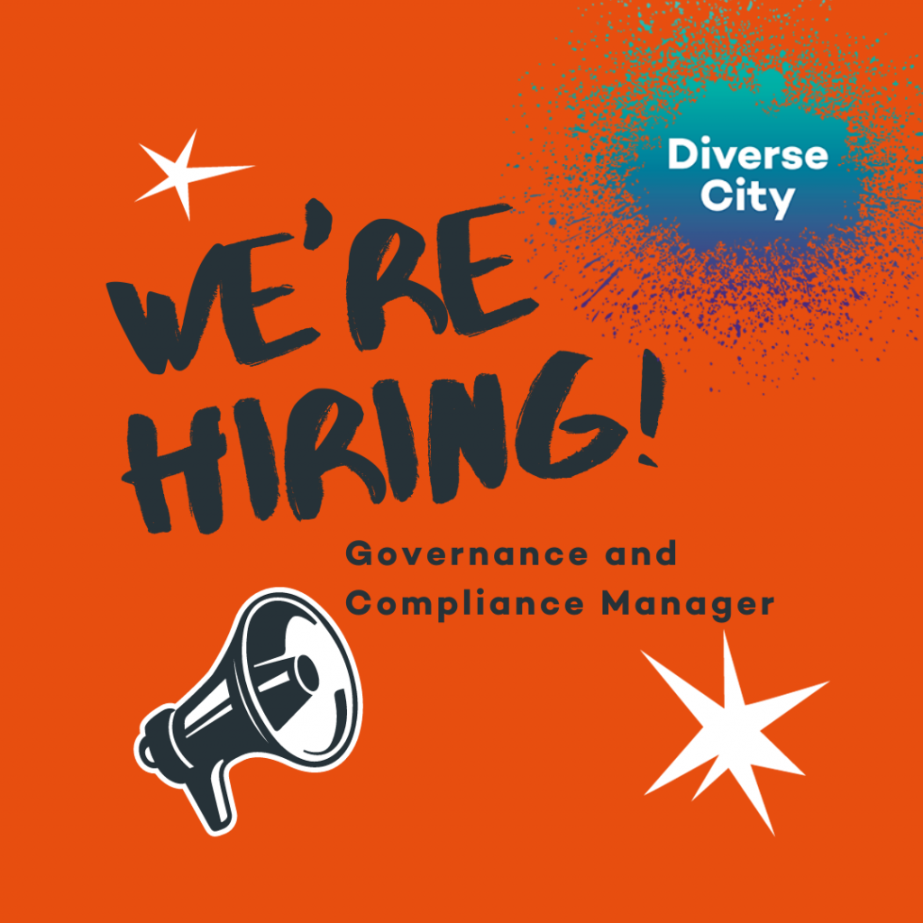 Orange background with loudhaler in black and white. Text reads: "We're Hiring! Governance and Compliance Manager