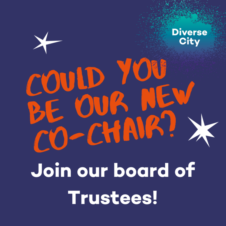 Navy background - orange text reads: "Could you be our new co-chair?" Then in white "Join our board of Trustees".