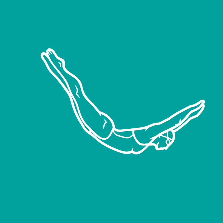 A turquoise background with a white line drawing of a female swimmer diving into water.